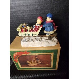 Cracker Barrel Christmas Collection Children Boy Girl In Sled Figurine NOS